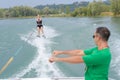 Woman in 30s learning to waterskiing Royalty Free Stock Photo