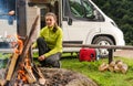 Woman in Her 30s with RV Camper Van Camping Alone