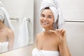 Woman during her daily tooth brushing routine Royalty Free Stock Photo