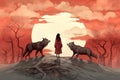 Illustration woman with two wolves facing the moon. Red sky and full moon.