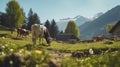 a woman herding cows in a green meadow high in the mountains. Ecologically clean area. Keeping cows. Rural farm