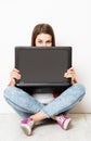 Woman Hide Face behind Laptop, Eyes Looking Peeking from Computer Screen, on White