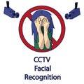 Woman hides her face with hands from surveillance cameras. ban cctv facial recognition. isolated vector illustration