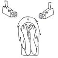 Woman hides her face with hands from surveillance cameras. cctv. white background isolated outline vector illustration