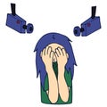 Woman hides her face with hands from surveillance cameras. cctv. white background isolated vector illustration