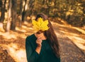 Woman hiding her face behind yellow maple leaf. Autumn sunny park