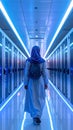 Woman in hijab walks through a bright bluelit server room Royalty Free Stock Photo