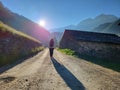 A woman hiked in Val di Campo. Royalty Free Stock Photo