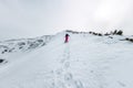 Woman hikeing in the snowy mountains with a phone and snowshoes. and backpack Royalty Free Stock Photo