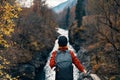Woman Hiker Backpack Mountains River Fresh Air