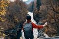 Woman Hiker Backpack Mountains River Fresh Air
