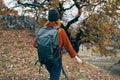 woman hiker backpack nature autumn forest travel