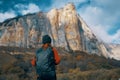 Woman Hiker Backpack Travel Mountains Clouds Nature