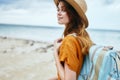 Woman hiker backpack in travel walk fresh air tourism