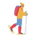 Woman Hiker, Bundled In Winter Gear, Wears Snowshoes, Wields Trekking Poles, And Carries A Loaded Backpack