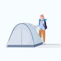 Woman hiker camper installing a tent preparing for camping hiking concept traveler on hike female cartoon character full