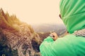 Woman hiker checking the altimeter on sports watch Royalty Free Stock Photo