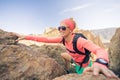 Woman hiker climbing mountains, weekend adventures Royalty Free Stock Photo