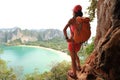 woman hiker enjoy the view on mountain top cliff Royalty Free Stock Photo