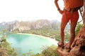 Woman hiker enjoy the view on mountain top cliff Royalty Free Stock Photo