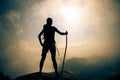 woman hiker enjoy the view on sunrise mountain peak Royalty Free Stock Photo