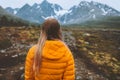 Woman hiker enjoying mountains view outdoor Royalty Free Stock Photo