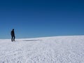 Woman hiker on a glacier with crampons on boots