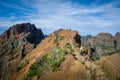 Woman hiker with green backpack is walking to Pico Ruivo hike