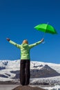 Woman Hiker WIth Green Umbrella The Vatnajokull Glacier Iceland