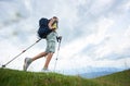 Woman hiker hiking on grassy hill, wearing backpack, using trekking sticks in the mountains Royalty Free Stock Photo