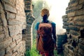 Woman hiker hiking on the great wall Royalty Free Stock Photo
