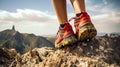 woman hiker legs on top of a mountain peak enjoying the view Royalty Free Stock Photo