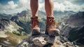 woman hiker legs on top of a mountain peak enjoying the view Royalty Free Stock Photo