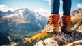 woman hiker legs on top of a mountain peak enjoying the view Royalty Free Stock Photo