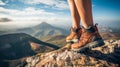 woman hiker legs on top of a mountain peak enjoying the view Royalty Free Stock Photo