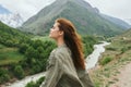 woman hiker mountains landscape travel fresh air