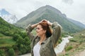 woman hiker mountains landscape travel fresh air