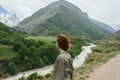 woman hiker mountains landscape travel fresh air