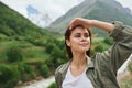 woman hiker mountains landscape travel fresh air