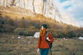 woman hiker mountains walk backpack travel adventure