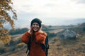 woman hiker mountains walk backpack travel adventure