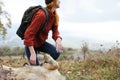 woman hiker in nature with dog travel landscape friendship