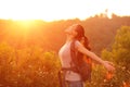 Woman hiker raised arms mountain top Royalty Free Stock Photo