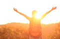 Woman hiker raised arms mountain top Royalty Free Stock Photo