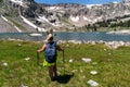 Woman hiker using poles at Lake Solitude, a 17-mile hike in Grand Teton National Park Wyoming Royalty Free Stock Photo