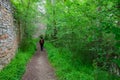 woman hiker walking along the forest trail Royalty Free Stock Photo