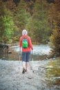 Woman hiker walking in forest outdoor. Tourism concept