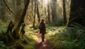 A woman hiking alone on a forest footpath, enjoying nature generated by AI