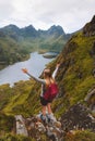 Woman hiking alone in Norway travel adventure vacations healthy lifestyle Royalty Free Stock Photo