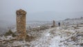 Woman Hiking Along the Ancient Path Los Pilones in Villarroya de los Pinares, Teruel, spain